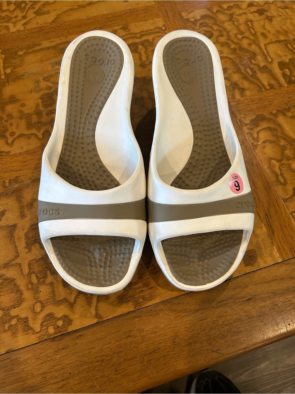 CROCS Women's White Slide Sandals with Taupe Stripe